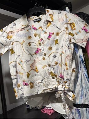 Karl Lagerfeld White Sewing Print Tie-Waist Blouse
